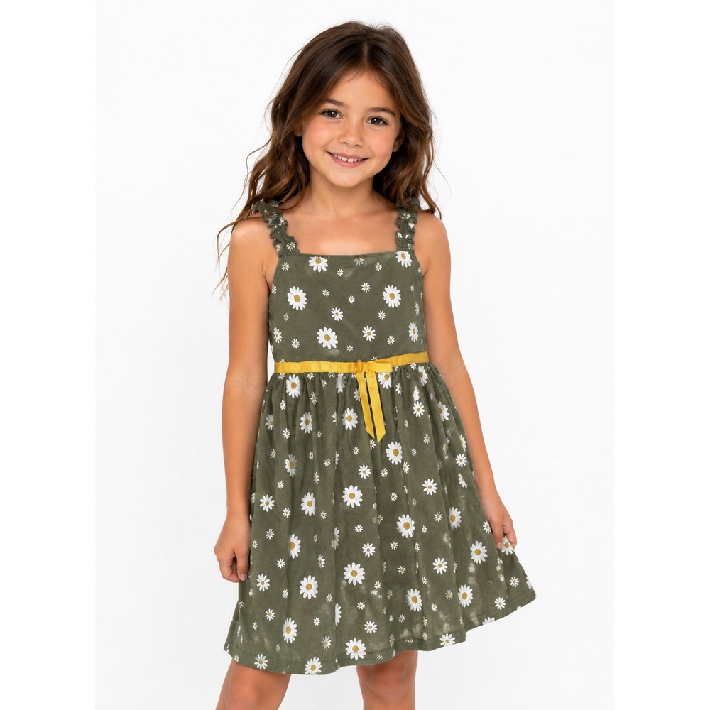 Blueberi Boulevard Daisy Dress Kids Size 6X Green Floral Ruffle Strap SunDress